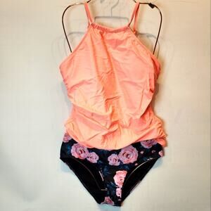 New Tempt Me Tankini 2 Piece Swimsuit Floral Print Tangerine Bathing Suit Size M